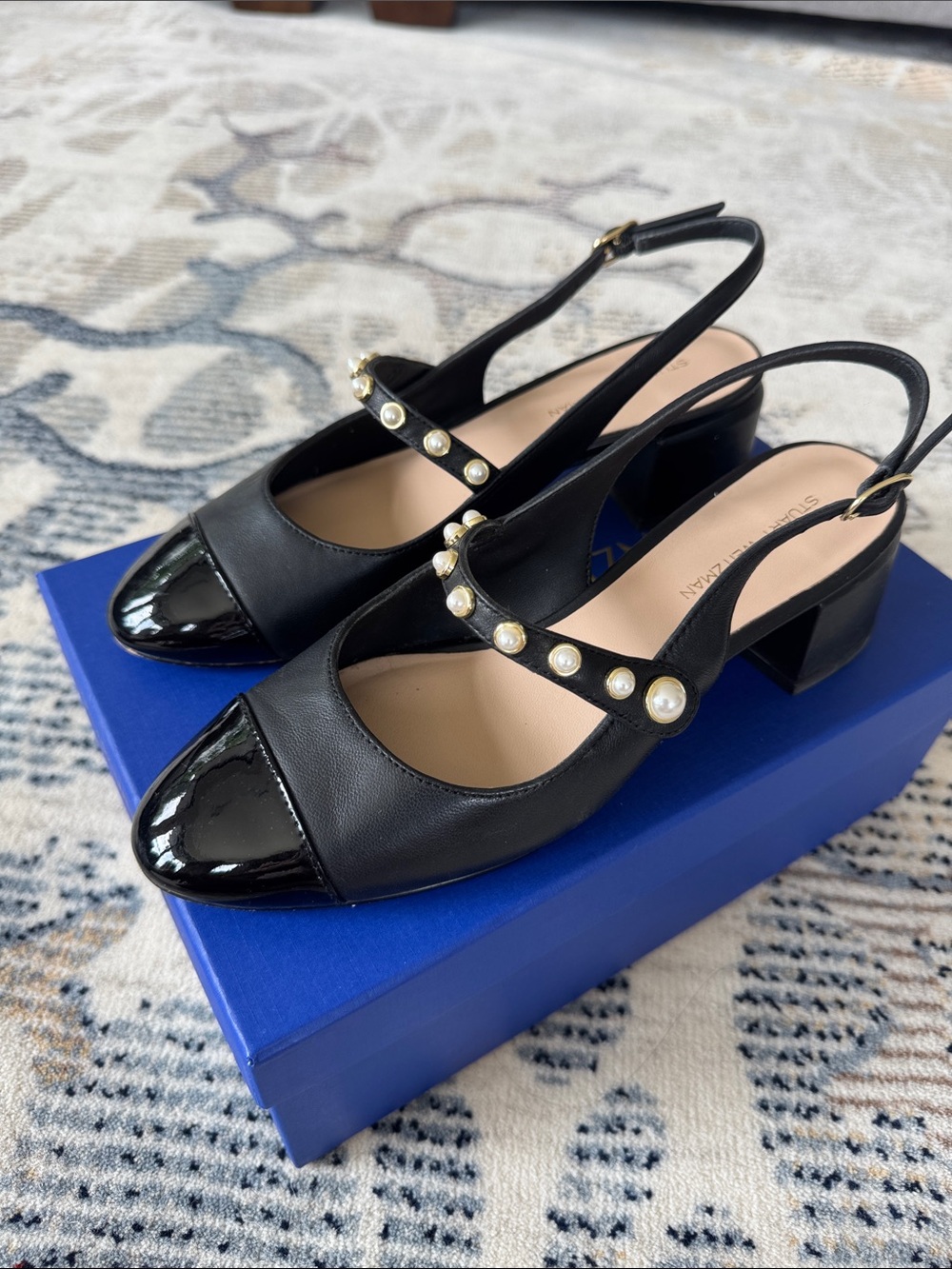 Stuart Weitzman Black Leather Slingback Mules with Pearl Strap